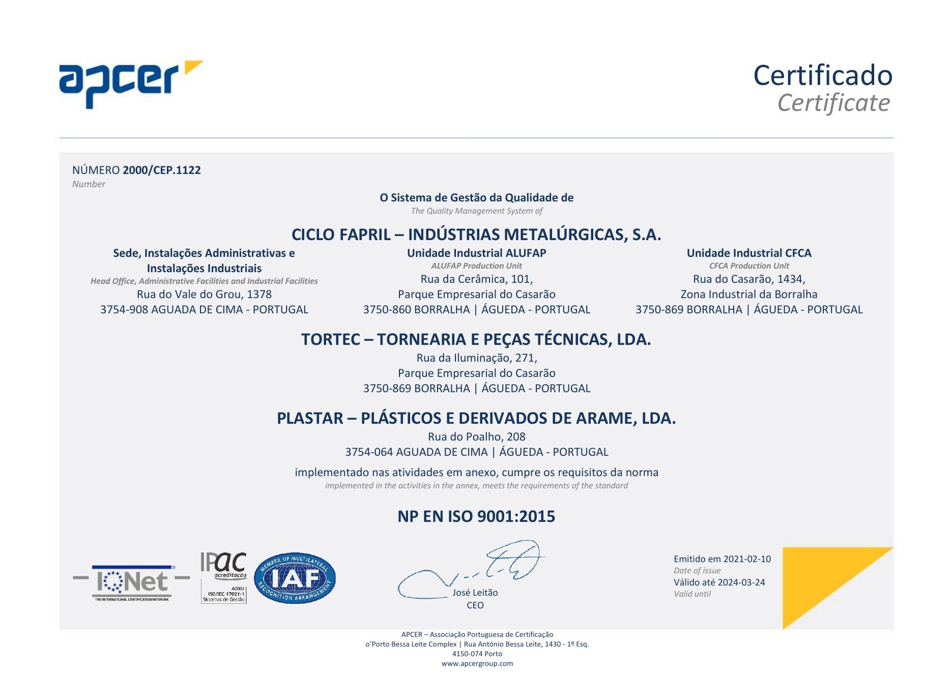 شهادة ISO 9001 لمجموعة Ciclo Fapril