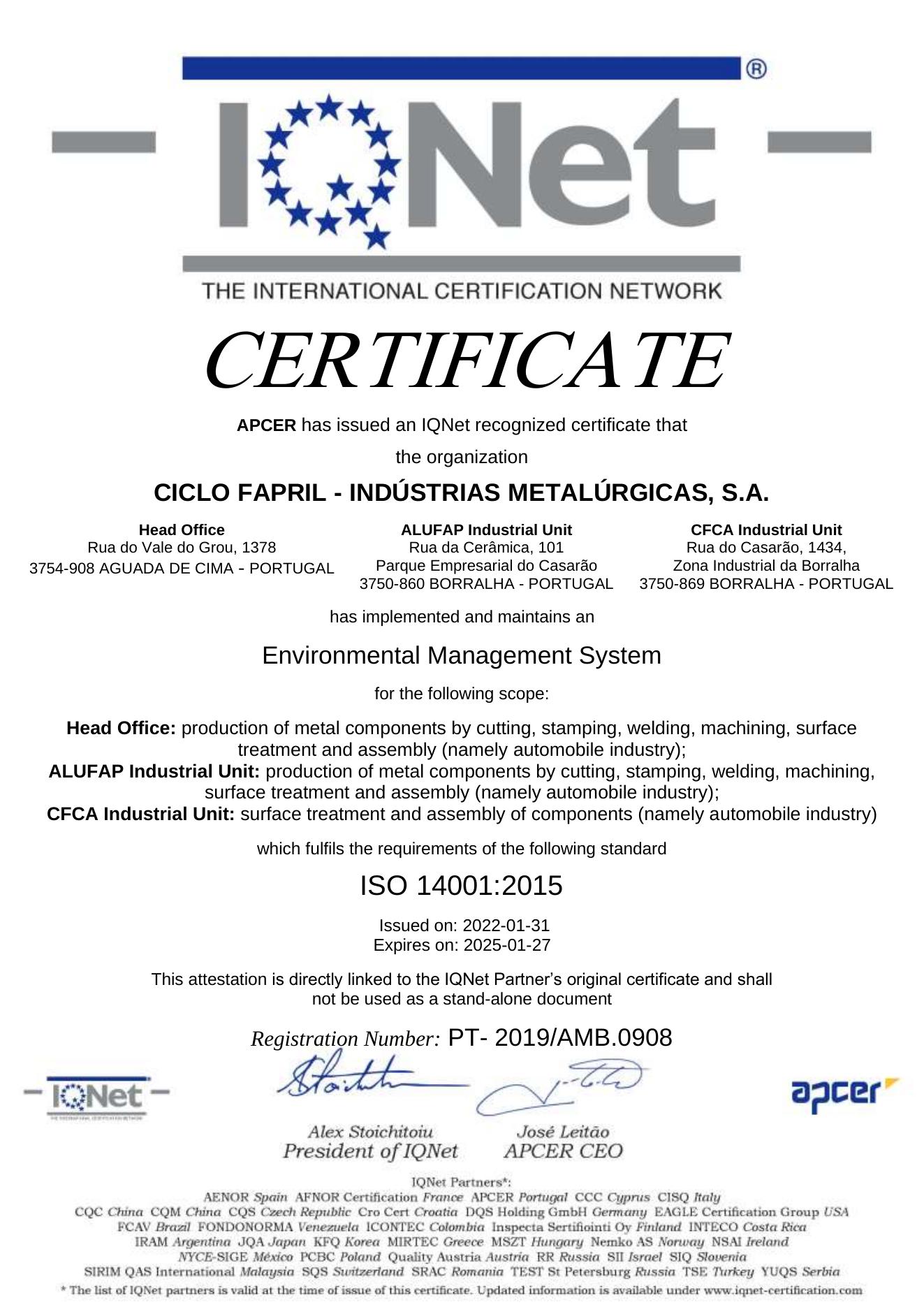 شهادة ISO 14001 لشركة Ciclo Fapril